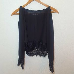 Lace Trim Cold Shoulder Crop Top | Medium